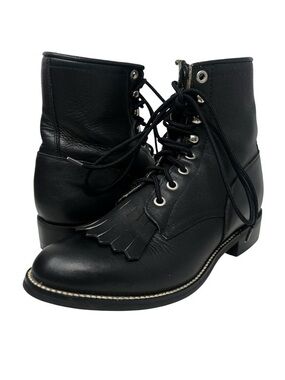 Justin Boots Black Kids Lace-Up Leather Ankle Boots with Kiltie